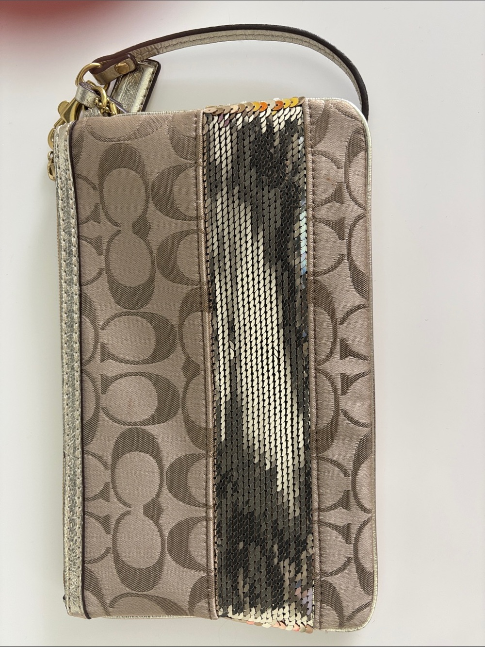 Coach Taupe Signature Sequin Accent Wristlet